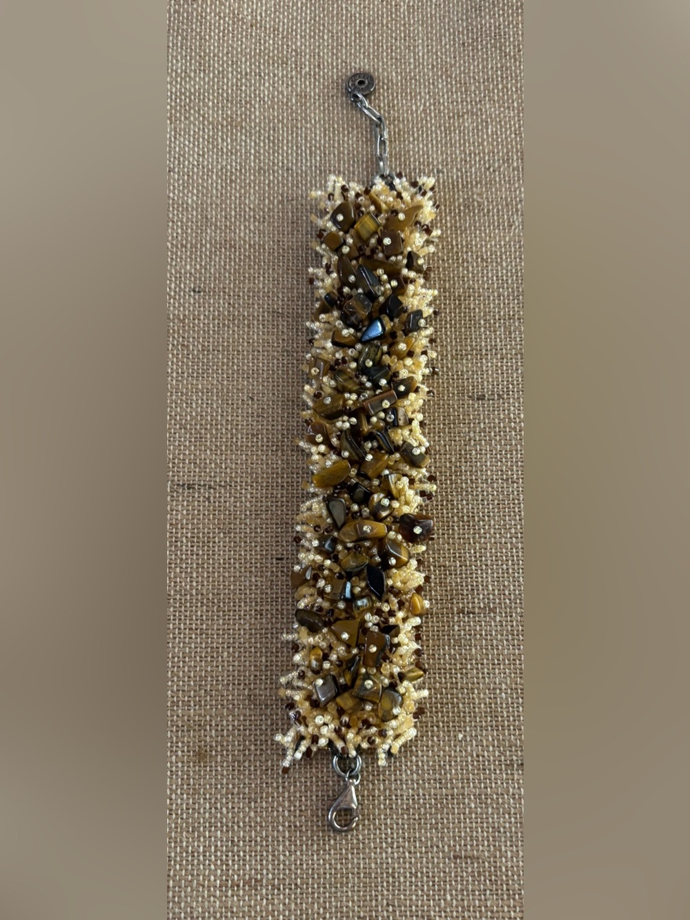 Vintage Clara Studio Artisan Bracelet Seed Beads And Tigers Eye Chips 7”-8.5”